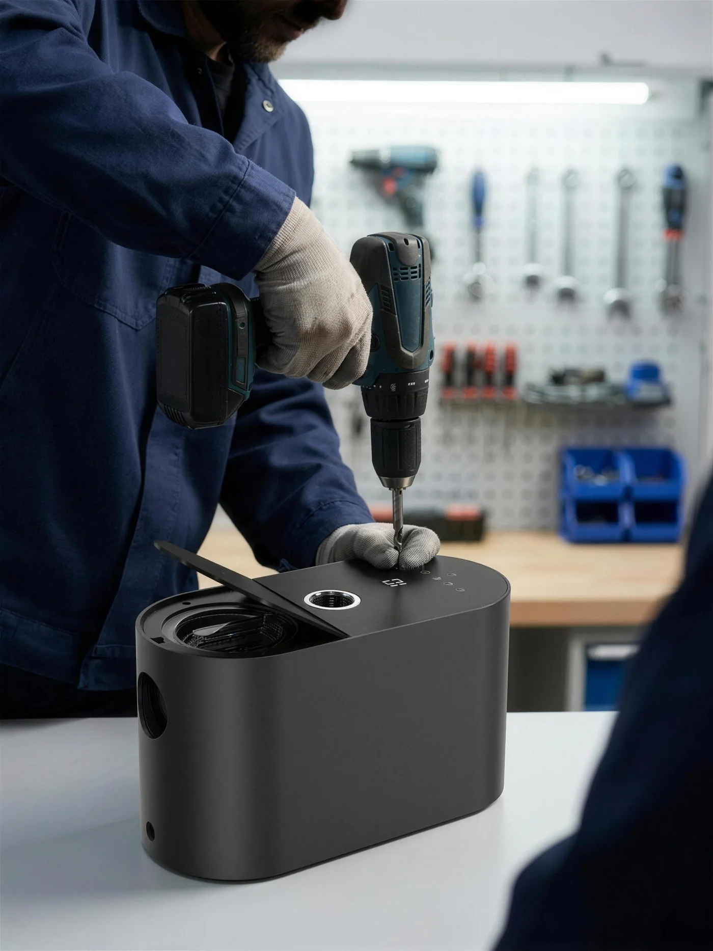 Technician servicing a modern pool circulation pump in a workshop