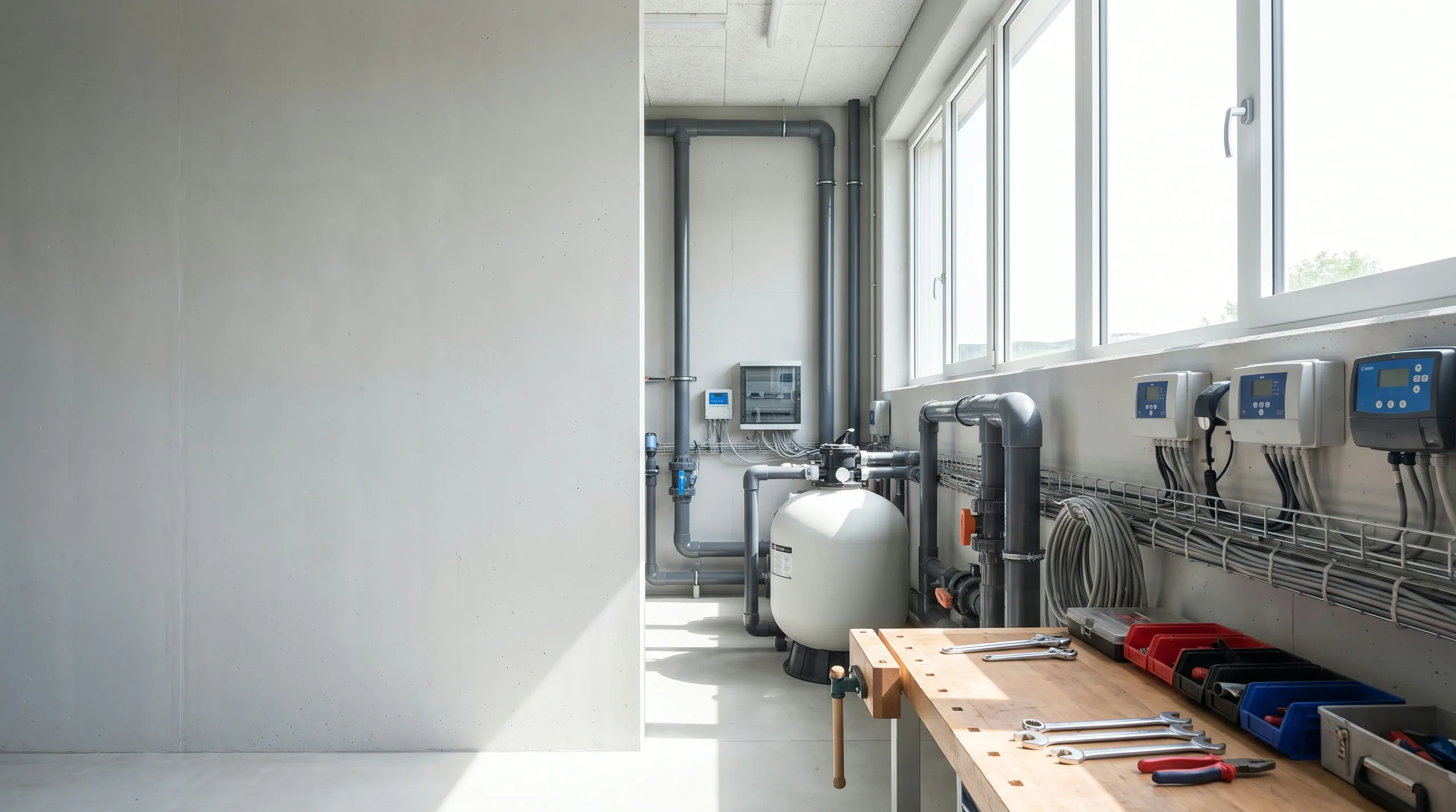 Bright swimming pool technical room with filter tank and piping
